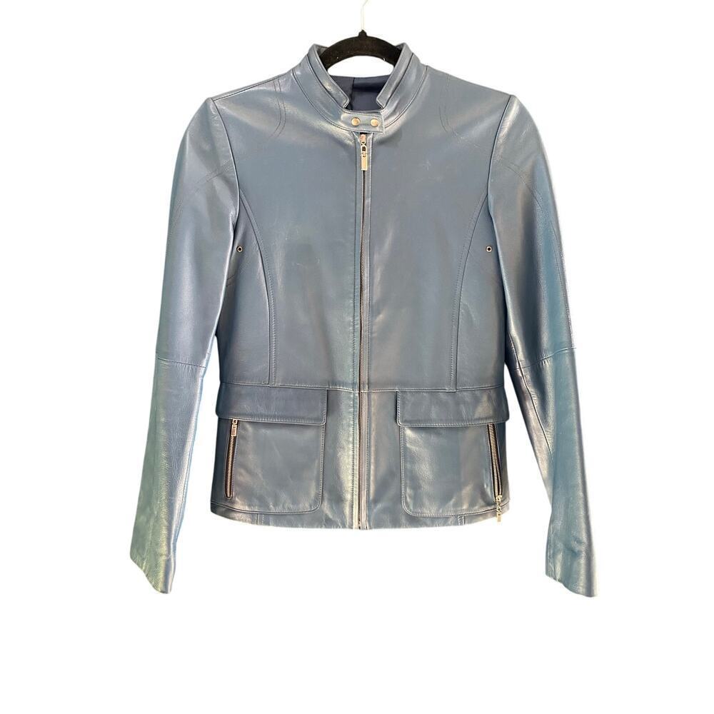 Unbranded Blue Leather Long Sleeves Zip Up Biker Jacket Size 55